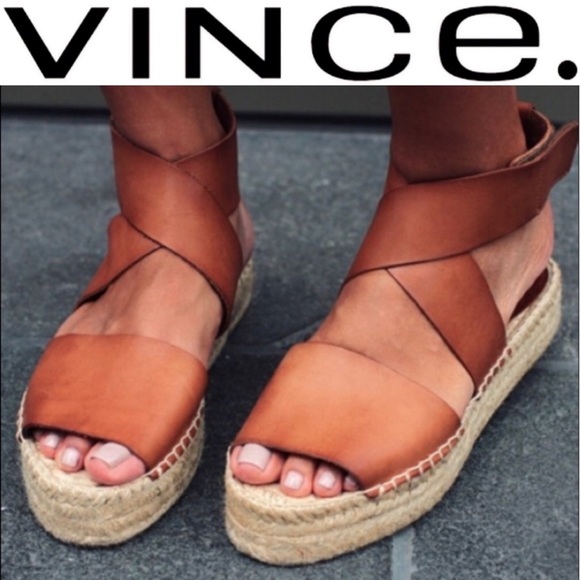 Vince Shoes - Vince Elise Leather Espadrille Flat Platform Sandals Luggage Cognac Brown 35 5